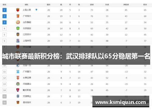 城市联赛最新积分榜：武汉排球队以65分稳居第一名